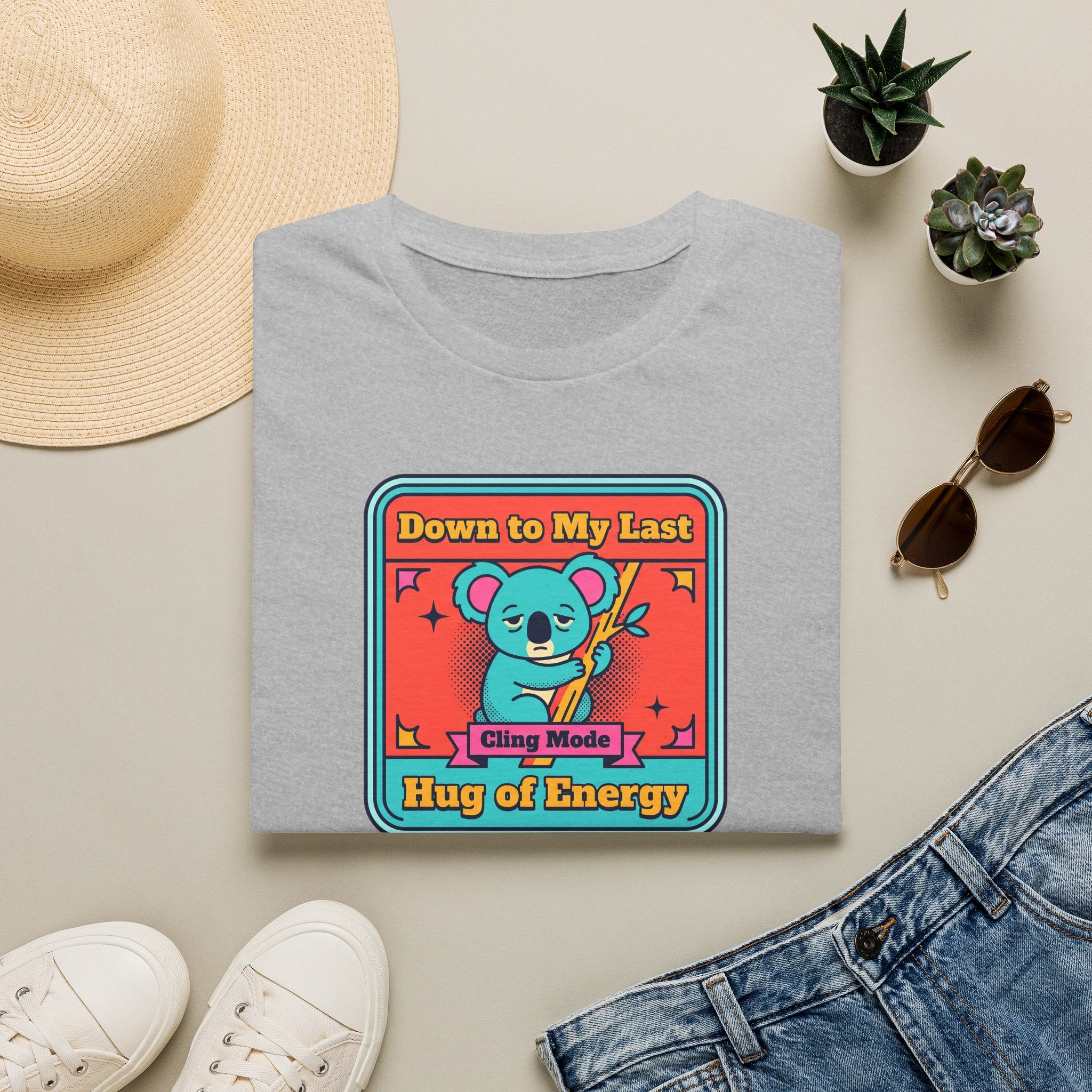 Light gray koala graphic t-shirt with colorful badge-style front print