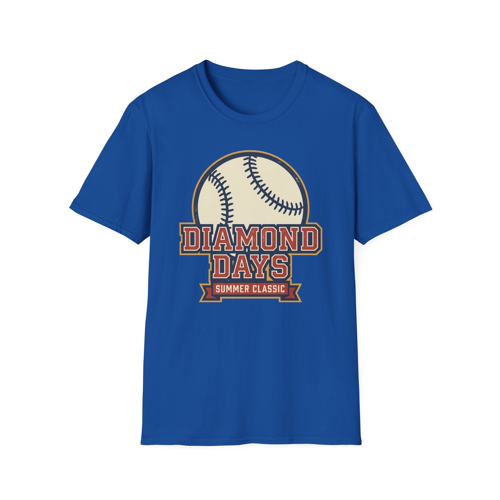 Vintage baseball T-shirt, royal blue, Diamond Days baseball graphic centered