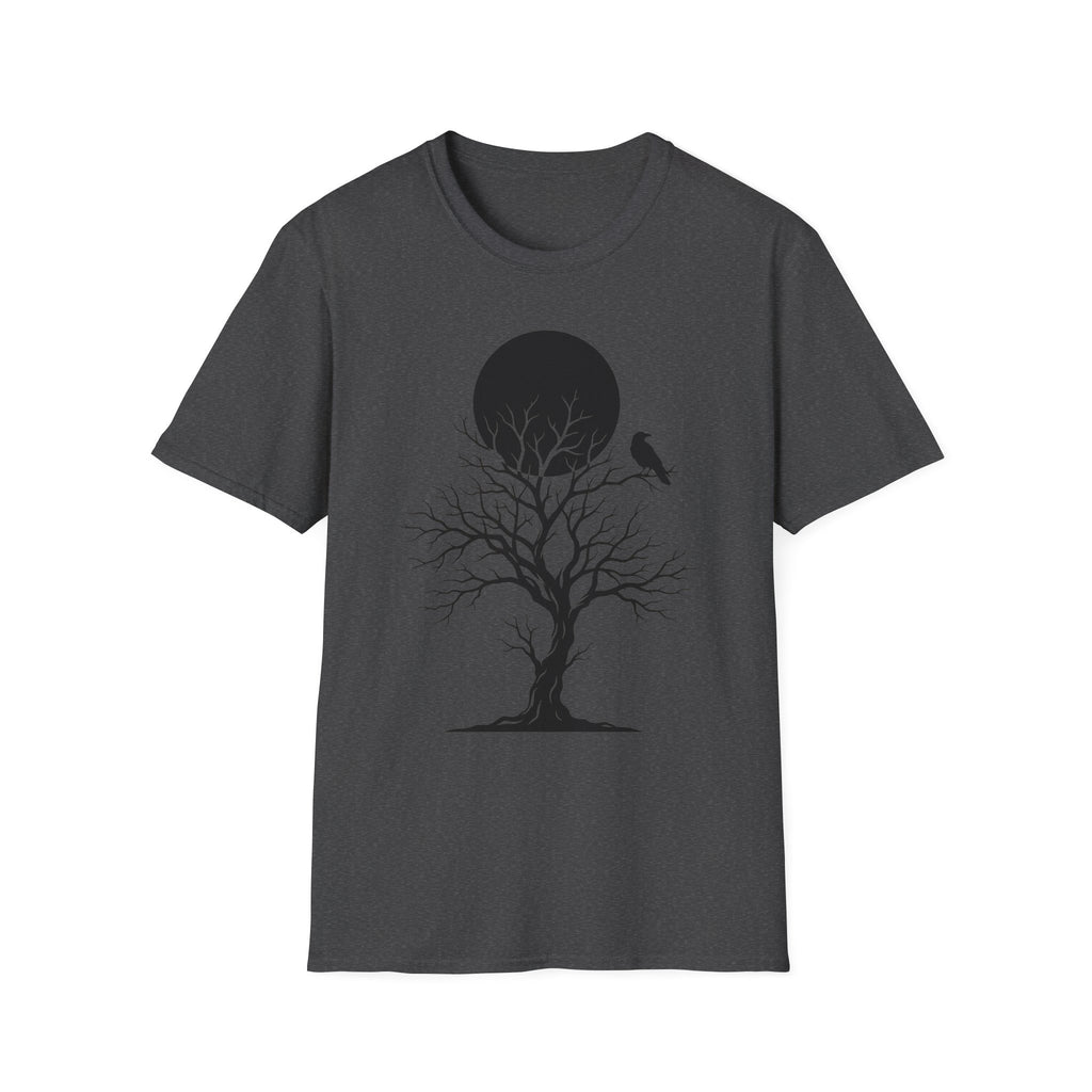Dark charcoal Raven Moon T-shirt with black tree silhouette and perched bird moon graphic