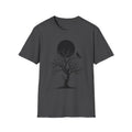 Dark charcoal Raven Moon T-shirt with black tree silhouette and perched bird moon graphic