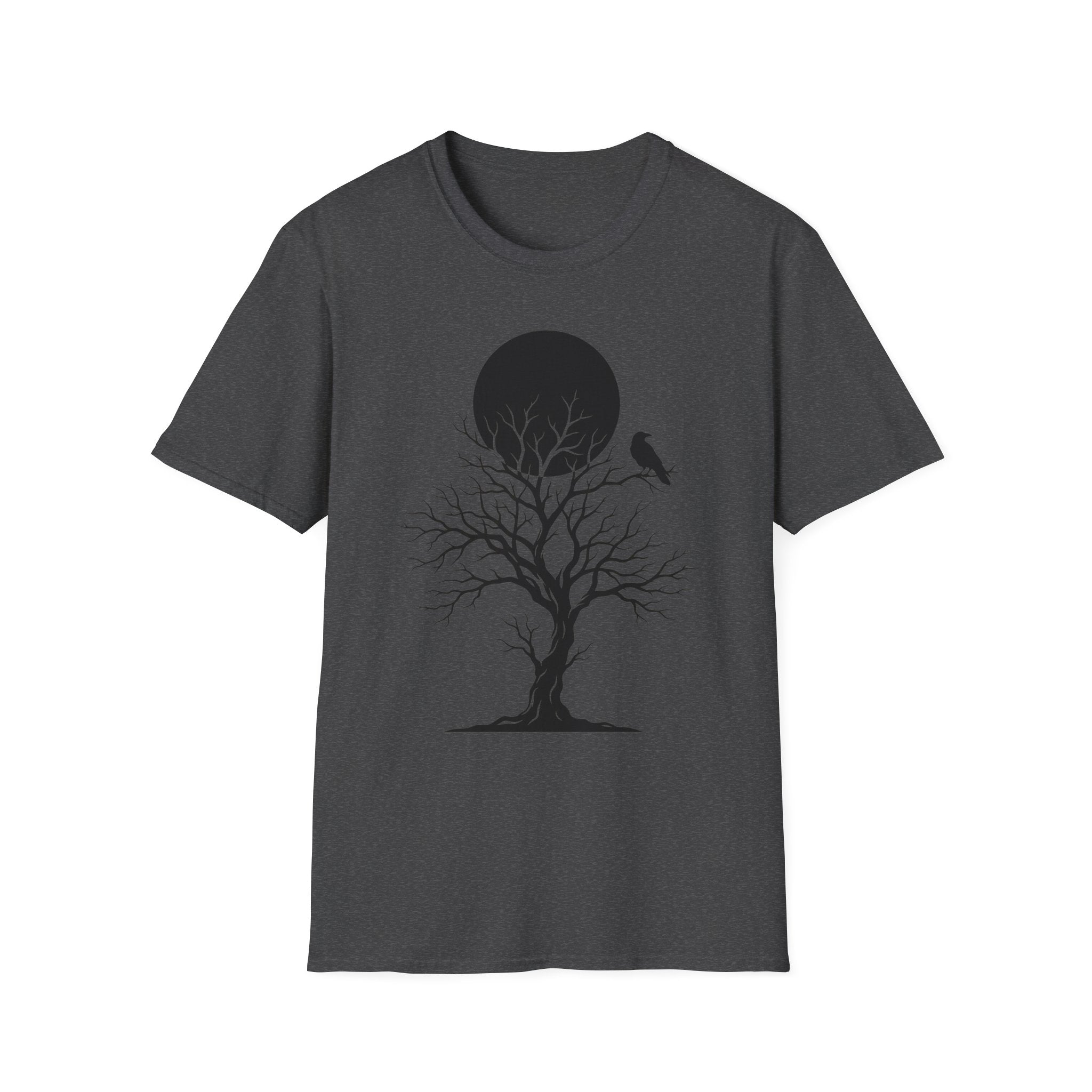 Dark charcoal Raven Moon T-shirt with black tree silhouette and perched bird moon graphic