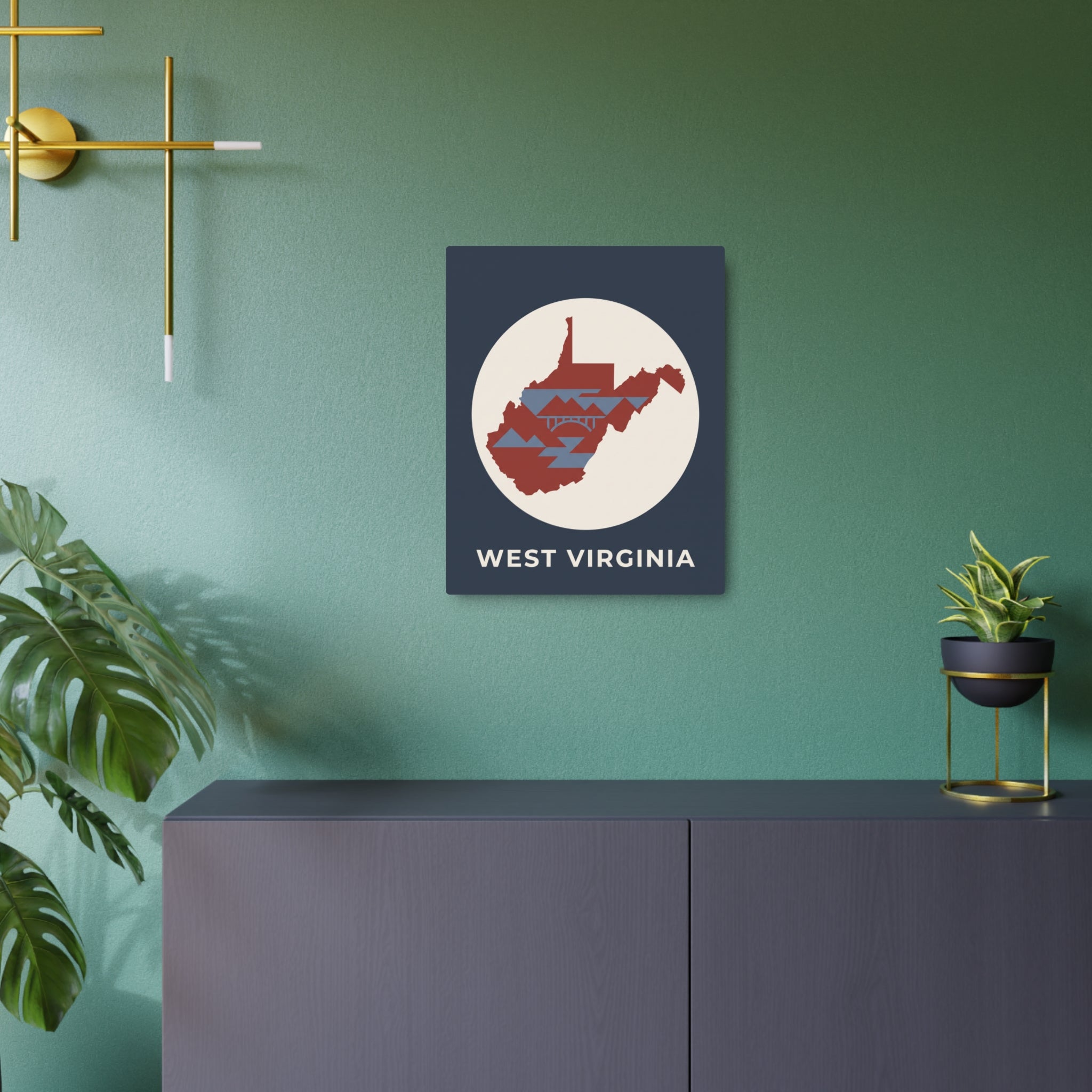 West Virginia wall art metal sign with circular map graphic and dark blue frame