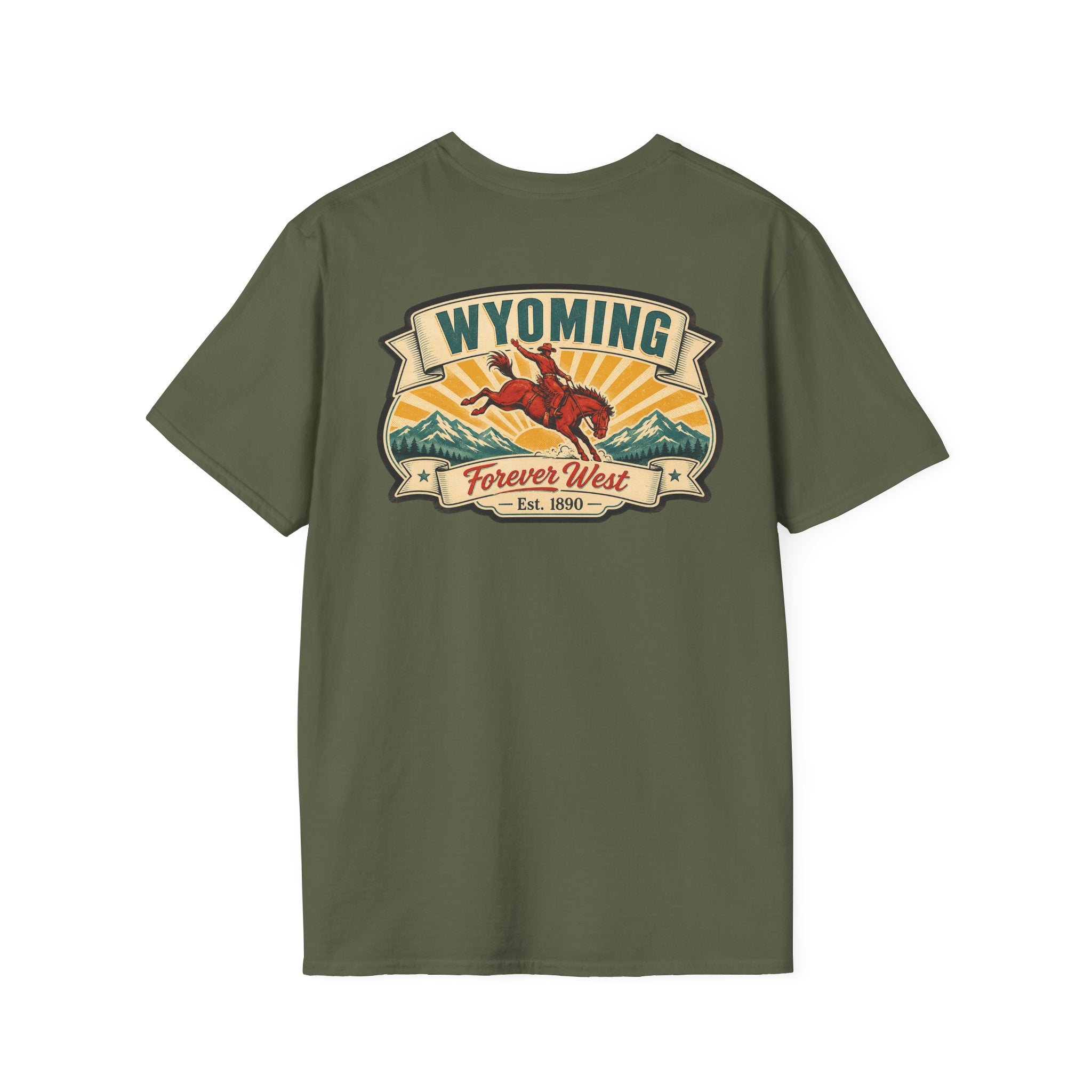 Olive green Wyoming graphic T-shirt with cowboy hat banner and landscape logo at chest