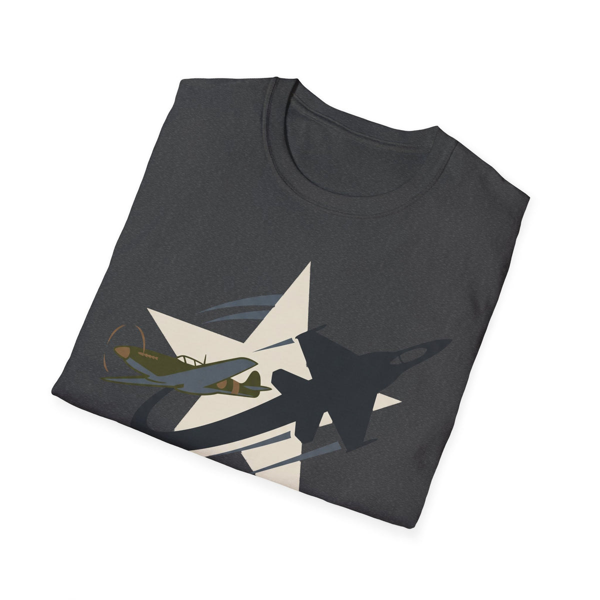 Dark gray T-shirt with large printed military aircraft graphic on chest