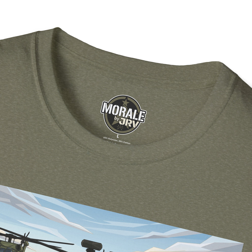 Heather Military Green T-shirt neckline with small round logo patch