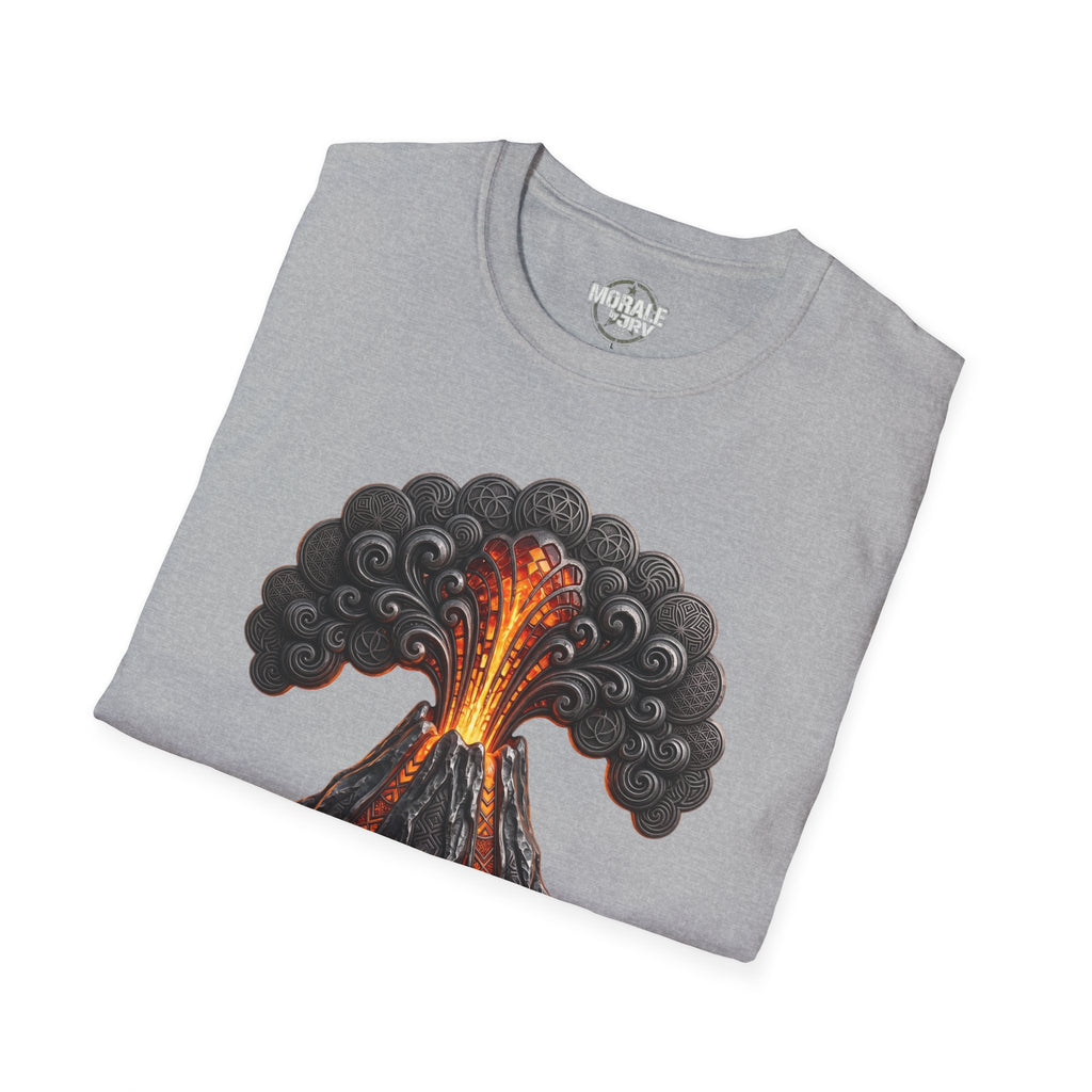 Light grey volcano eruption T-shirt with lava and smoke graphic