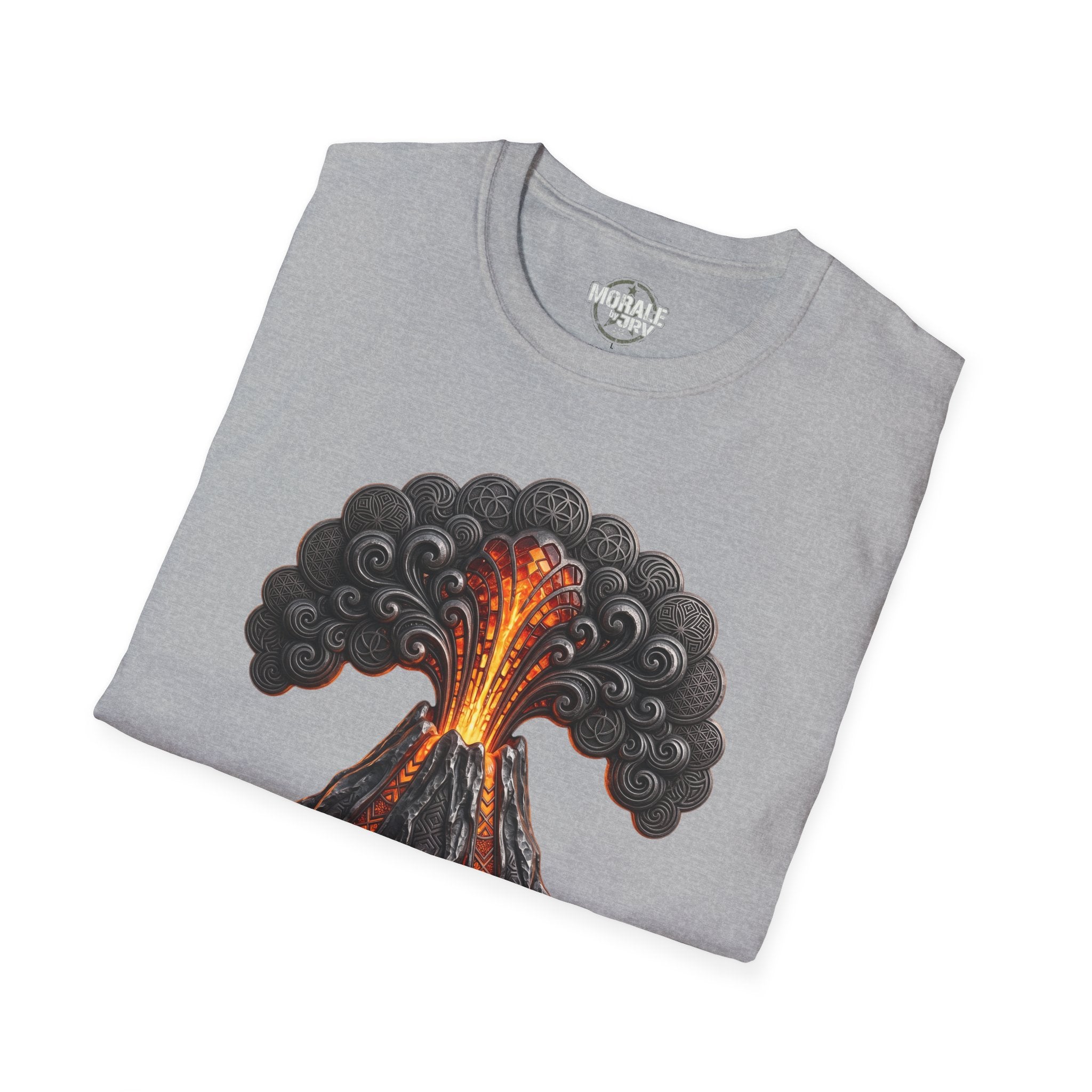 Light grey volcano eruption T-shirt with lava and smoke graphic