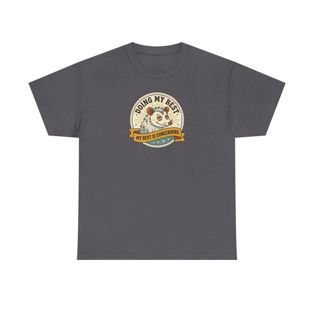 Charcoal sloth graphic T-shirt with round badge-style front print