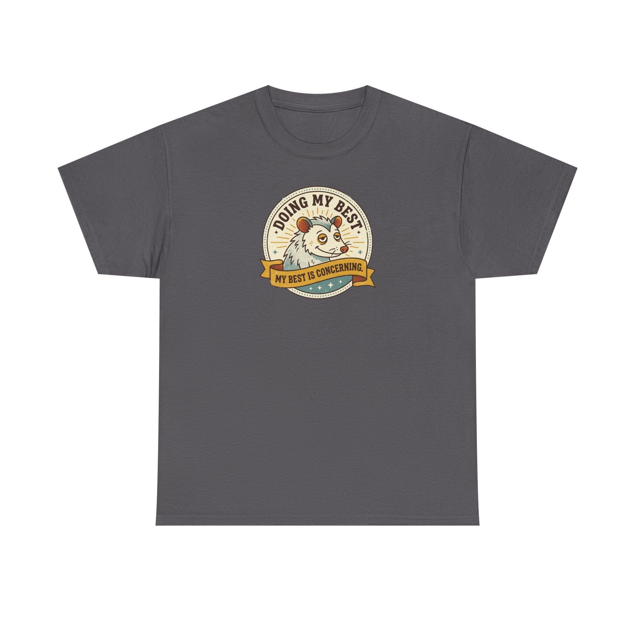 Charcoal sloth graphic T-shirt with round badge-style front print