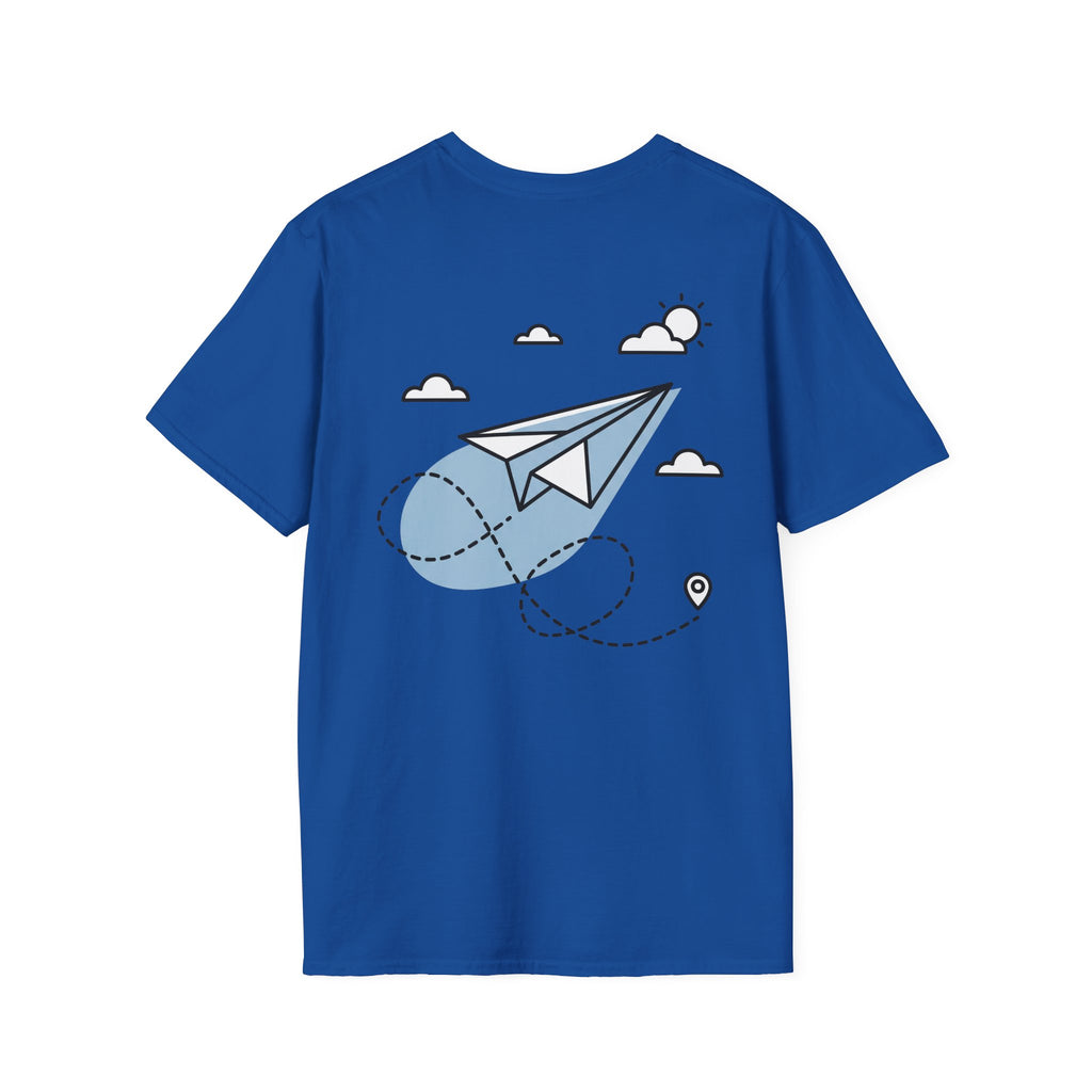 Royal blue T-shirt with paper airplane line art, clouds, and travel pin graphic
