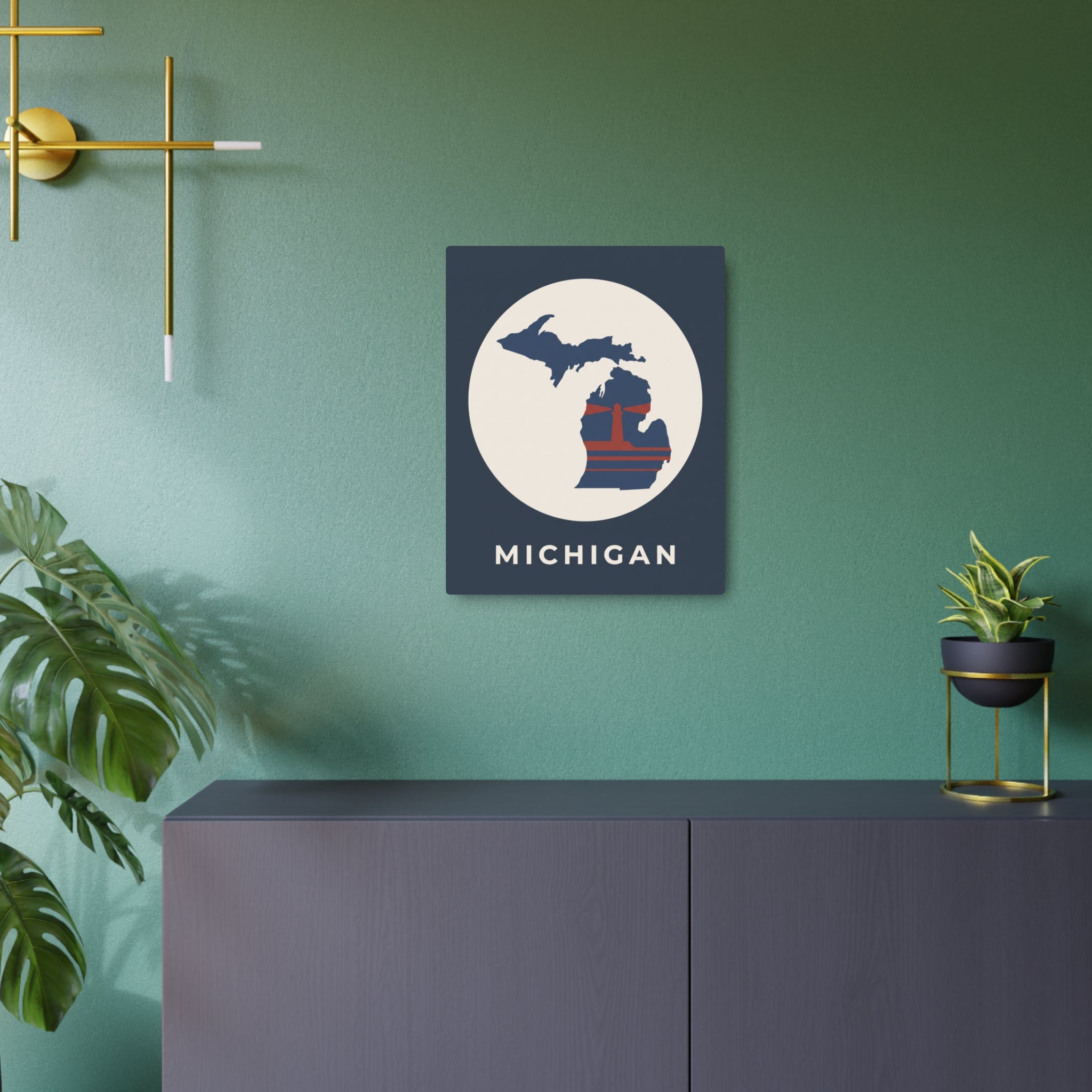 Michigan metal map wall art sign, square dark panel with circular map logo and MICHIGAN lettering