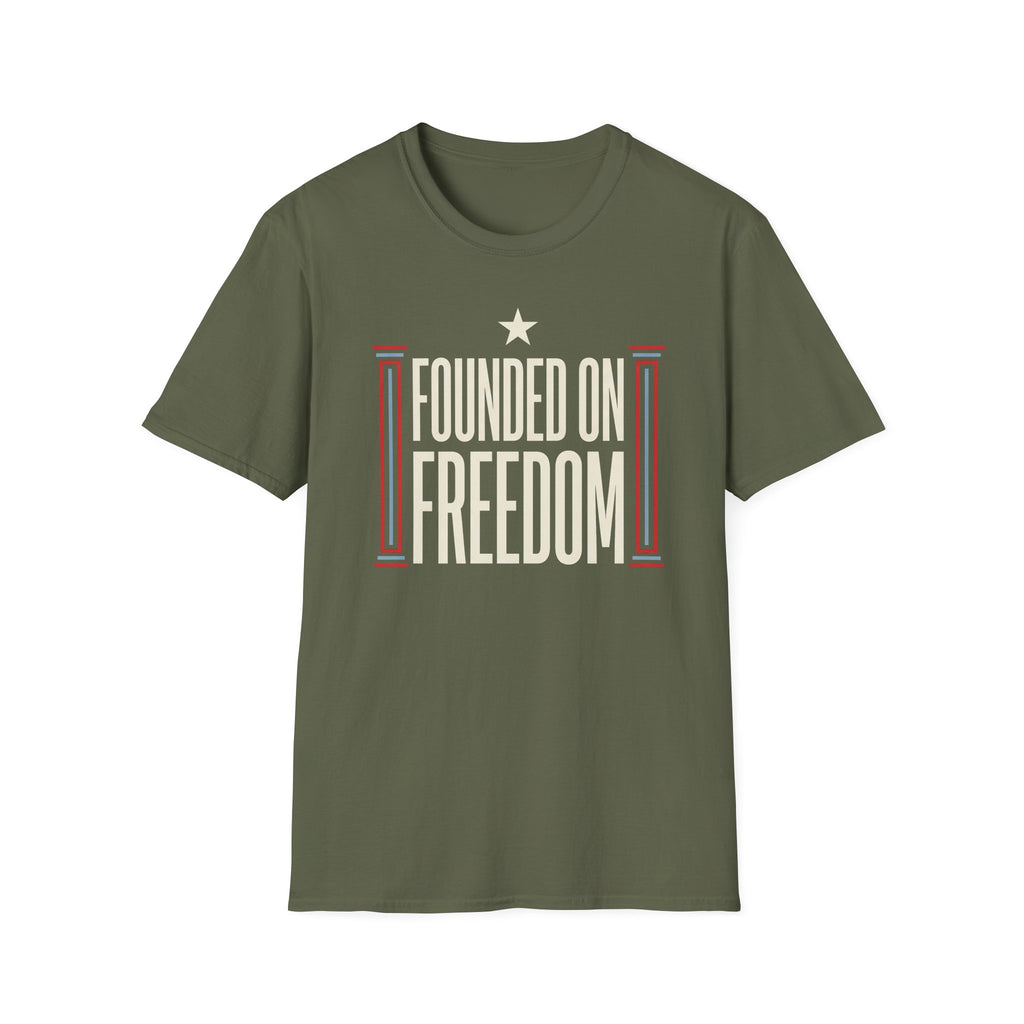 Military green short-sleeve t-shirt with white star and "Founded on Freedom" graphic