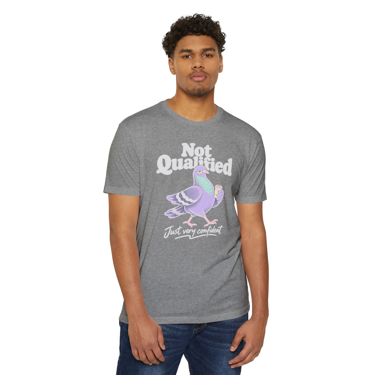 Gray crewneck T-shirt with “Not Qualified” pigeon graphic and curved script