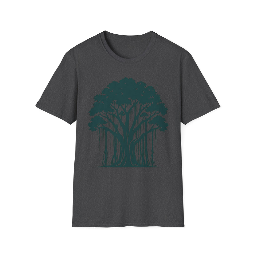 T-Shirt mit Banyan-Baum-Motiv, anthrazitfarbener Stoff, Frontgrafik mit Baum und Wurzelwald