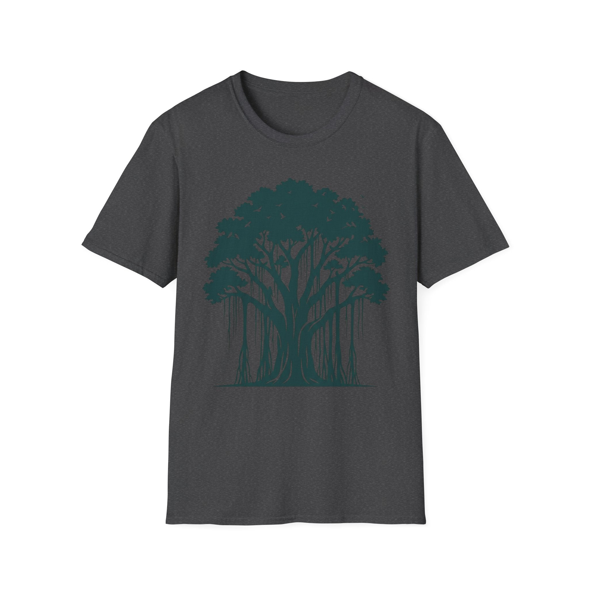 T-Shirt mit Banyan-Baum-Motiv, anthrazitfarbener Stoff, Frontgrafik mit Baum und Wurzelwald