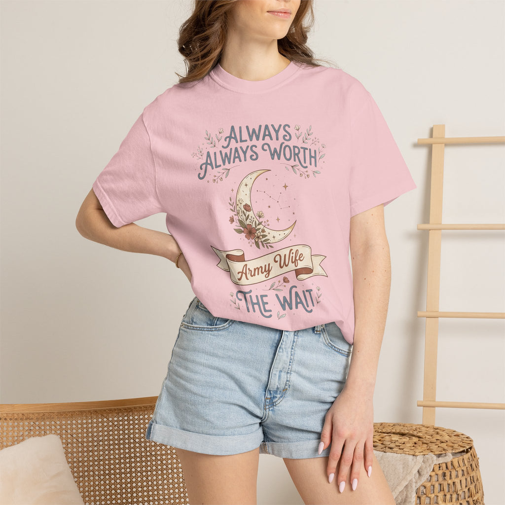 Women’s crewneck t-shirt in light purple with moon and floral “Always Worth the Wait” graphic