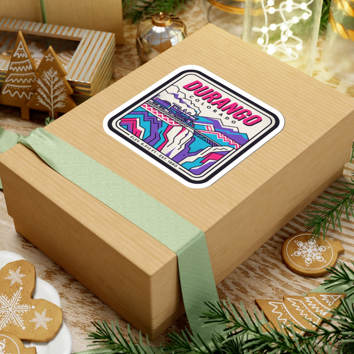 Kiss-cut vinyl sticker on gift box ribbon featuring Durango train landscape graphic