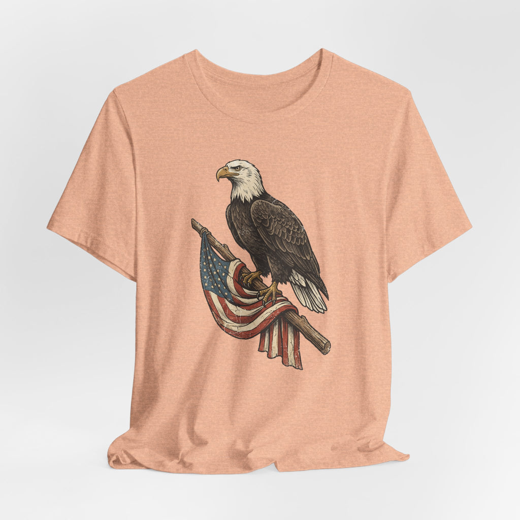 Coral heather bald eagle graphic t-shirt with flag ribbon print