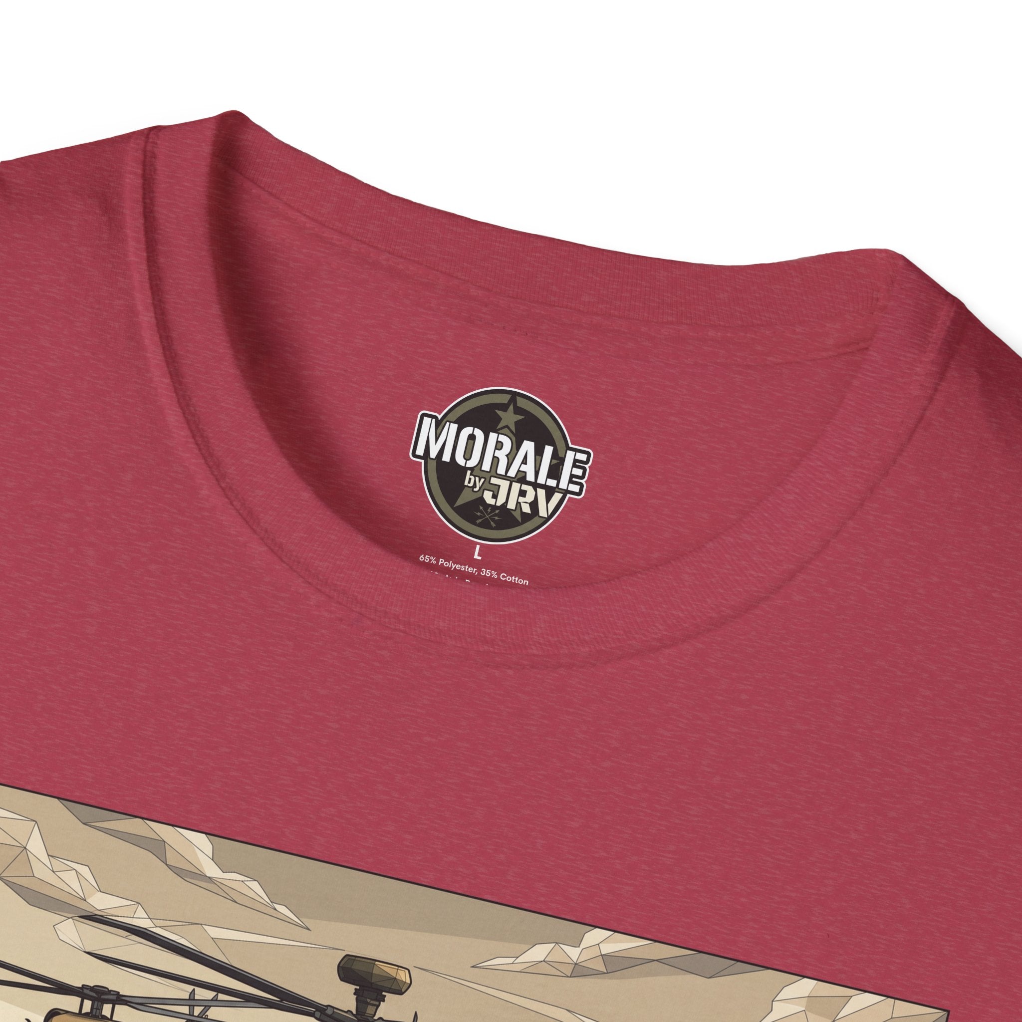 Maroon T-shirt neckline with small round “Morale by DRIVI” logo