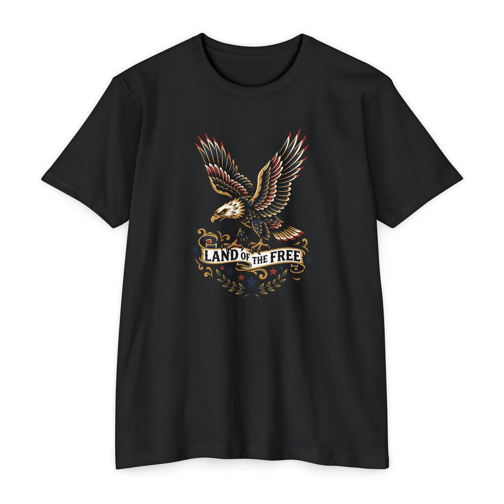 Black T-shirt with multicolor eagle graphic and “LAND OF THE FREE” text