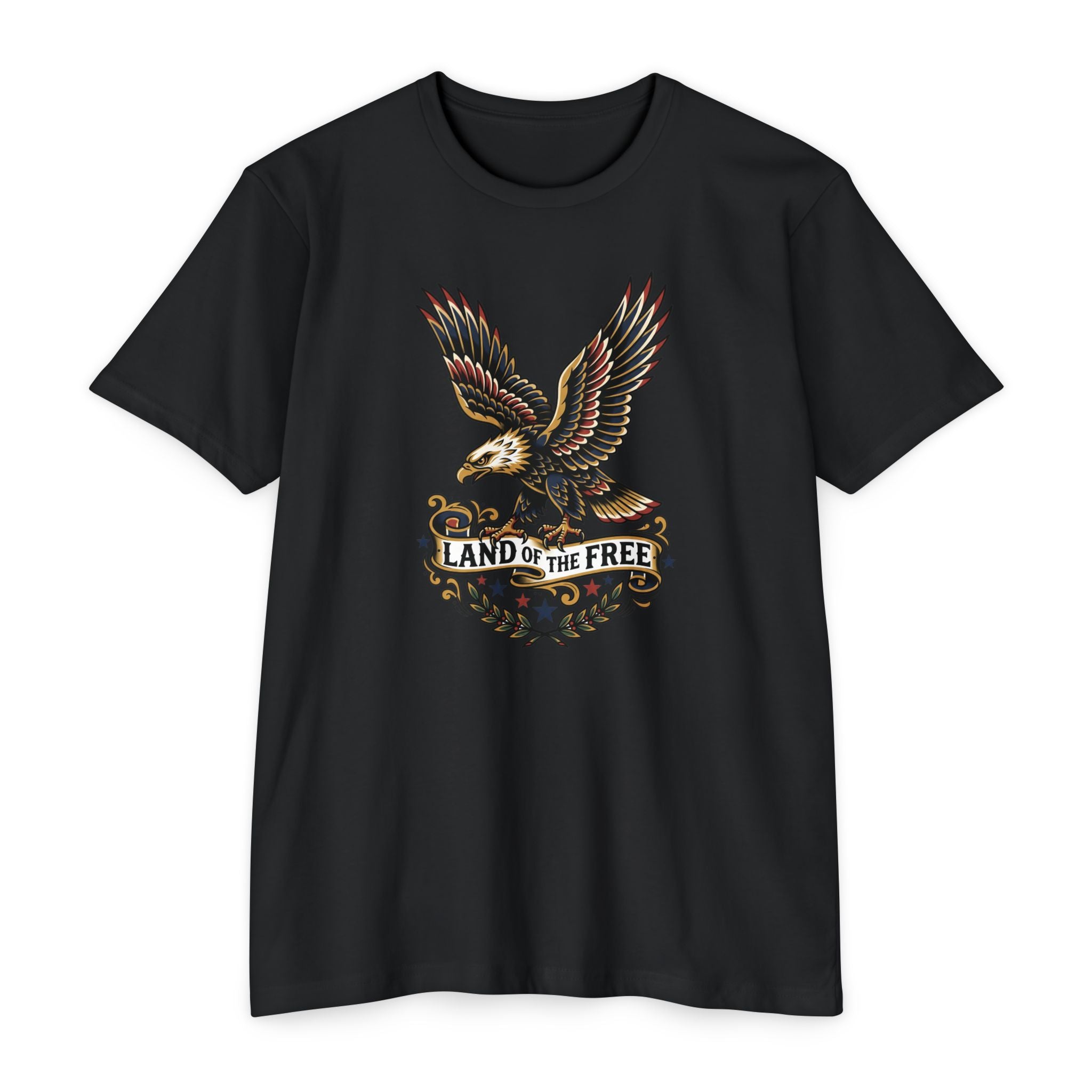 Black T-shirt with multicolor eagle graphic and “LAND OF THE FREE” text