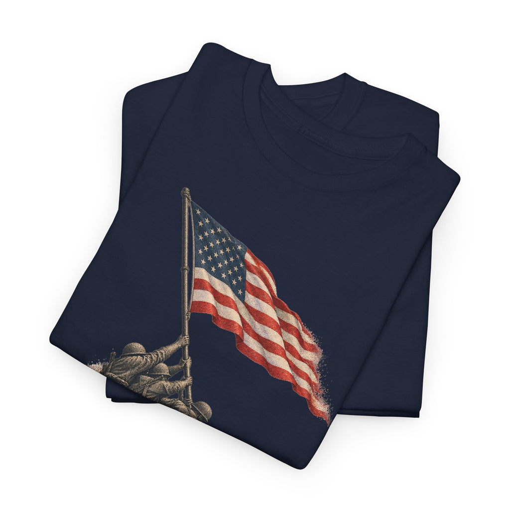 Navy blue T-shirt with U.S. flag on pole and figure graphic