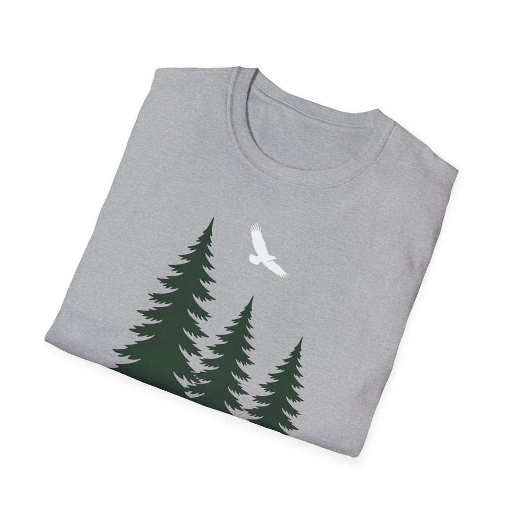 Heather gray T-shirt with pine trees and white soaring bird graphic