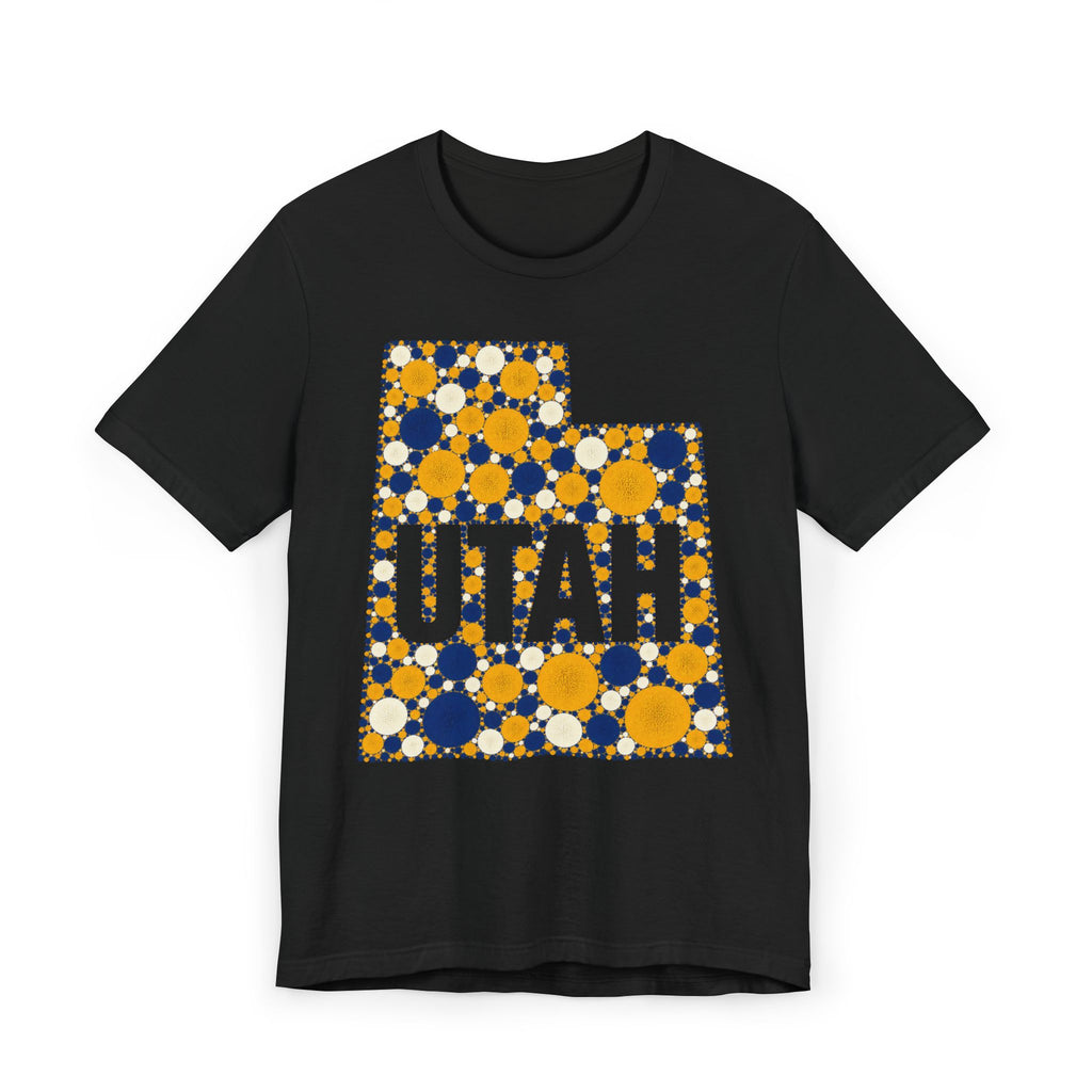 Polka dot Utah graphic t-shirt with UTAH text, blue and yellow on black