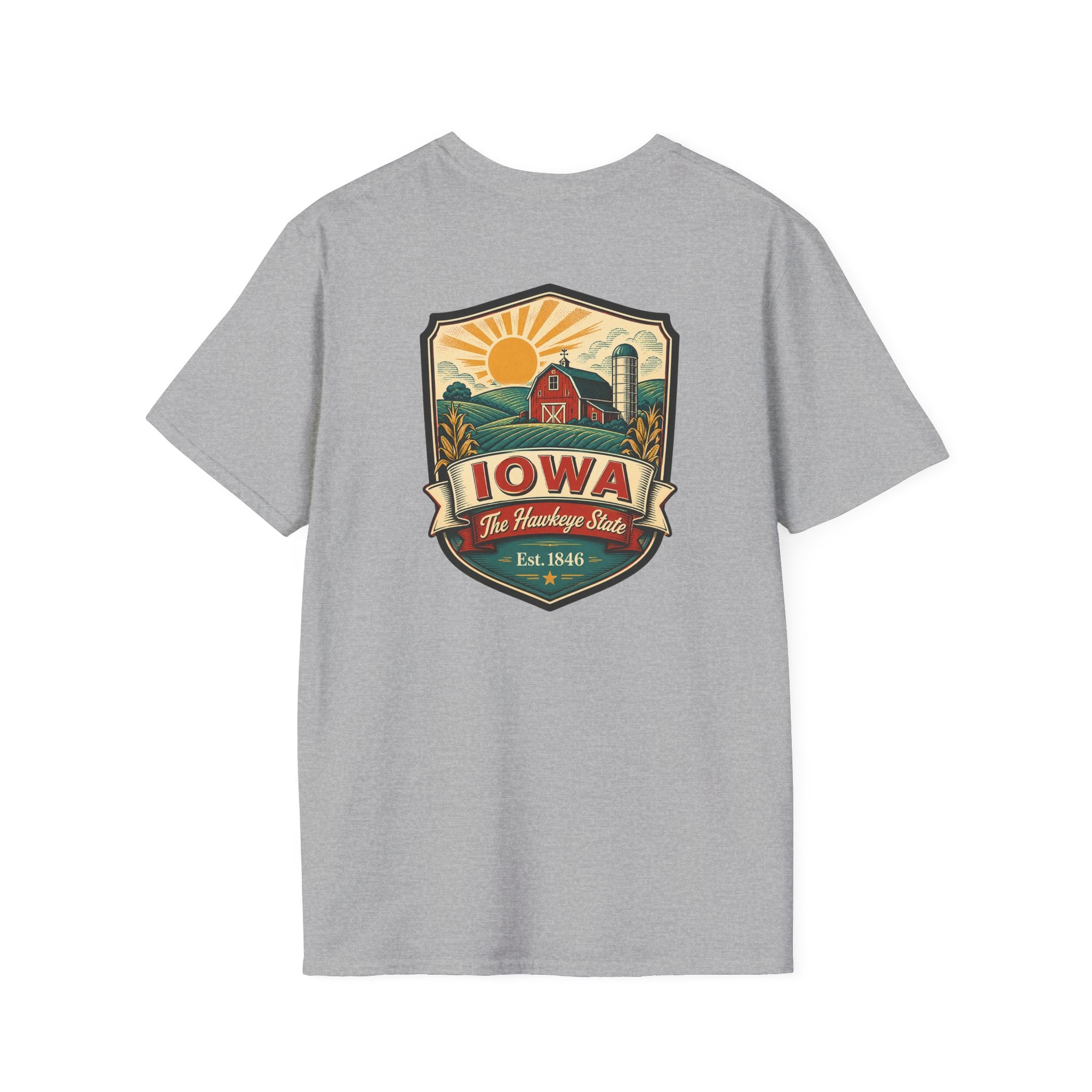 Light gray Iowa travel badge T-shirt with front graphic logo print