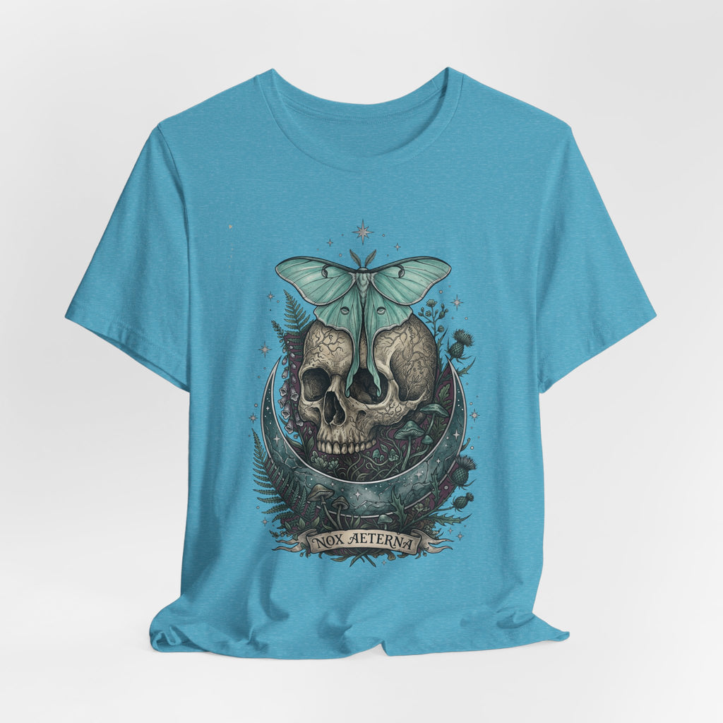 Light blue unisex T-shirt, front print of teal moth above a skull medallion