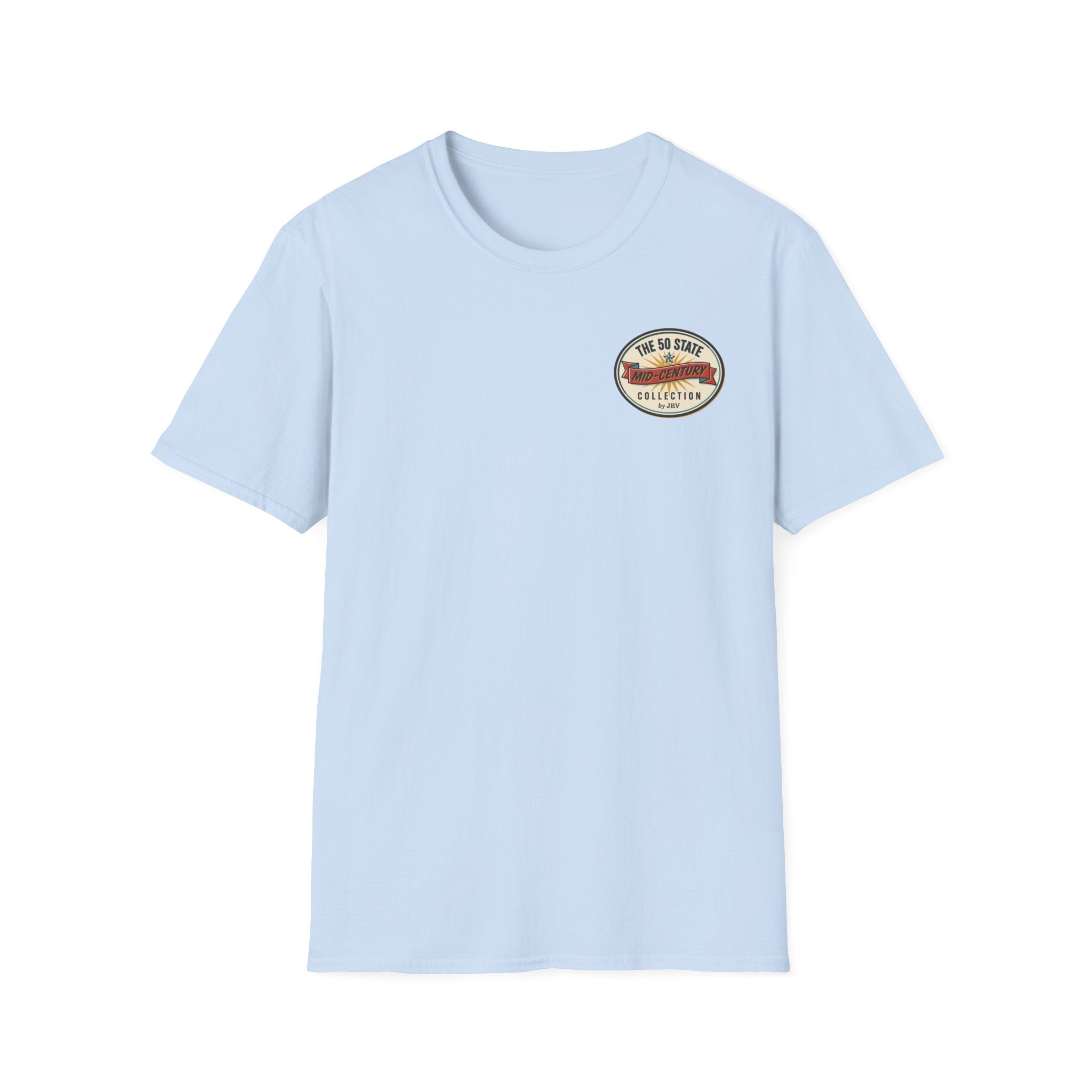 Light blue crewneck T-shirt with round badge logo on chest