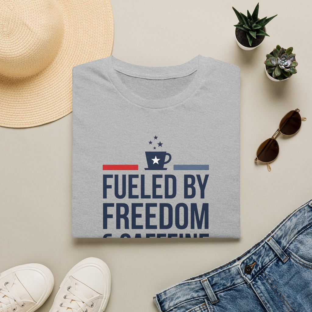Light gray unisex crew-neck T-shirt with front graphic reading “Fueled by Freedom”