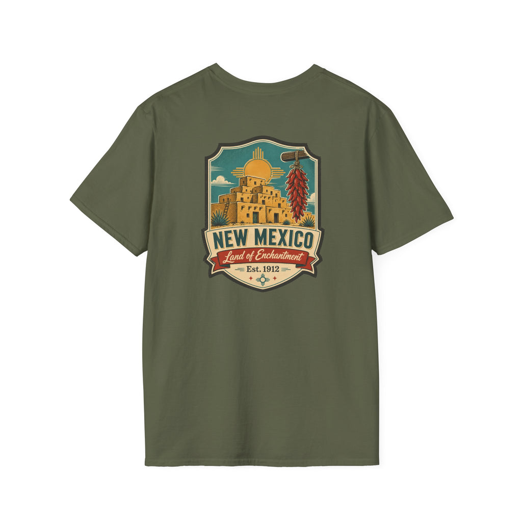 Olive green New Mexico graphic T-shirt with round crest chest print