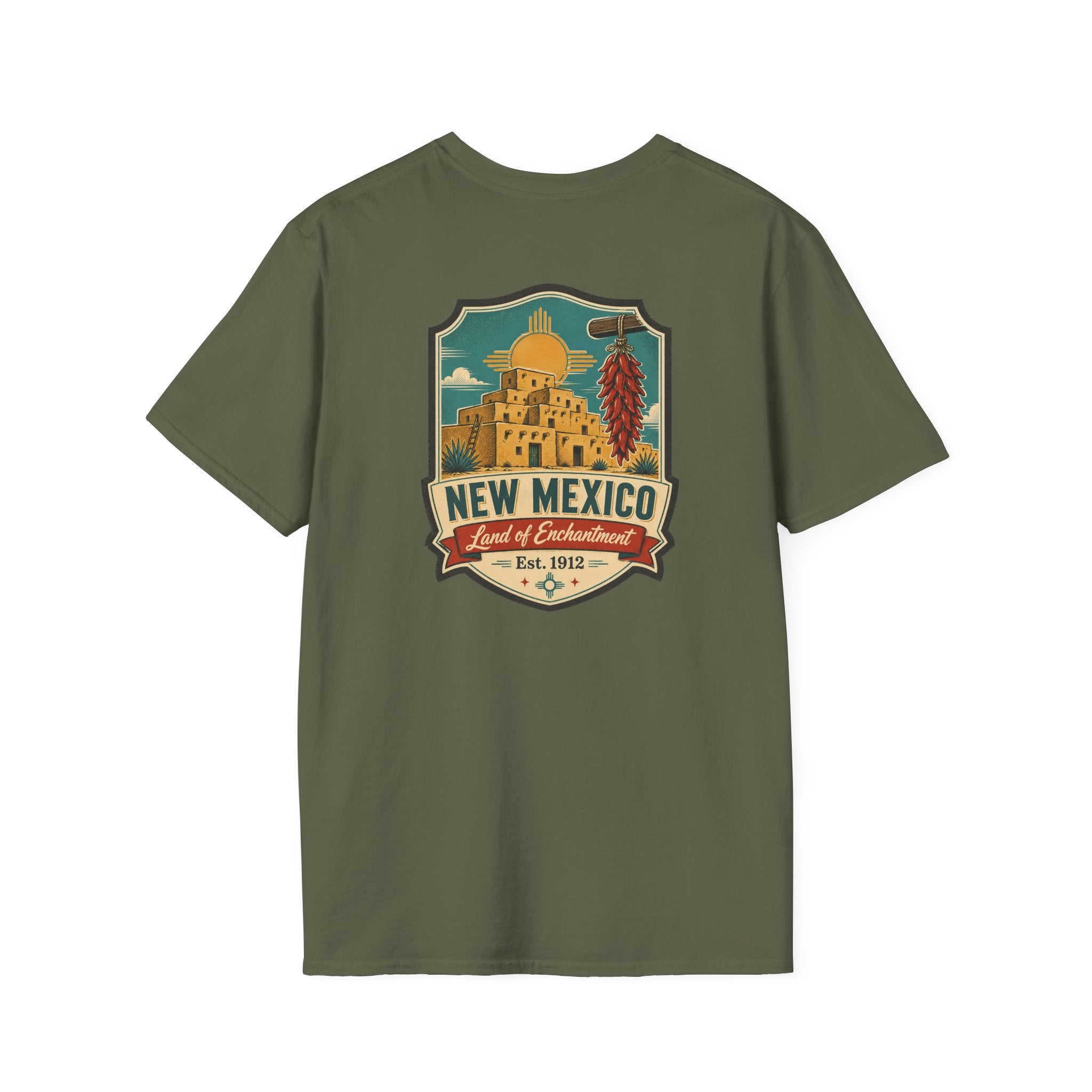 Olive green New Mexico graphic T-shirt with round crest chest print