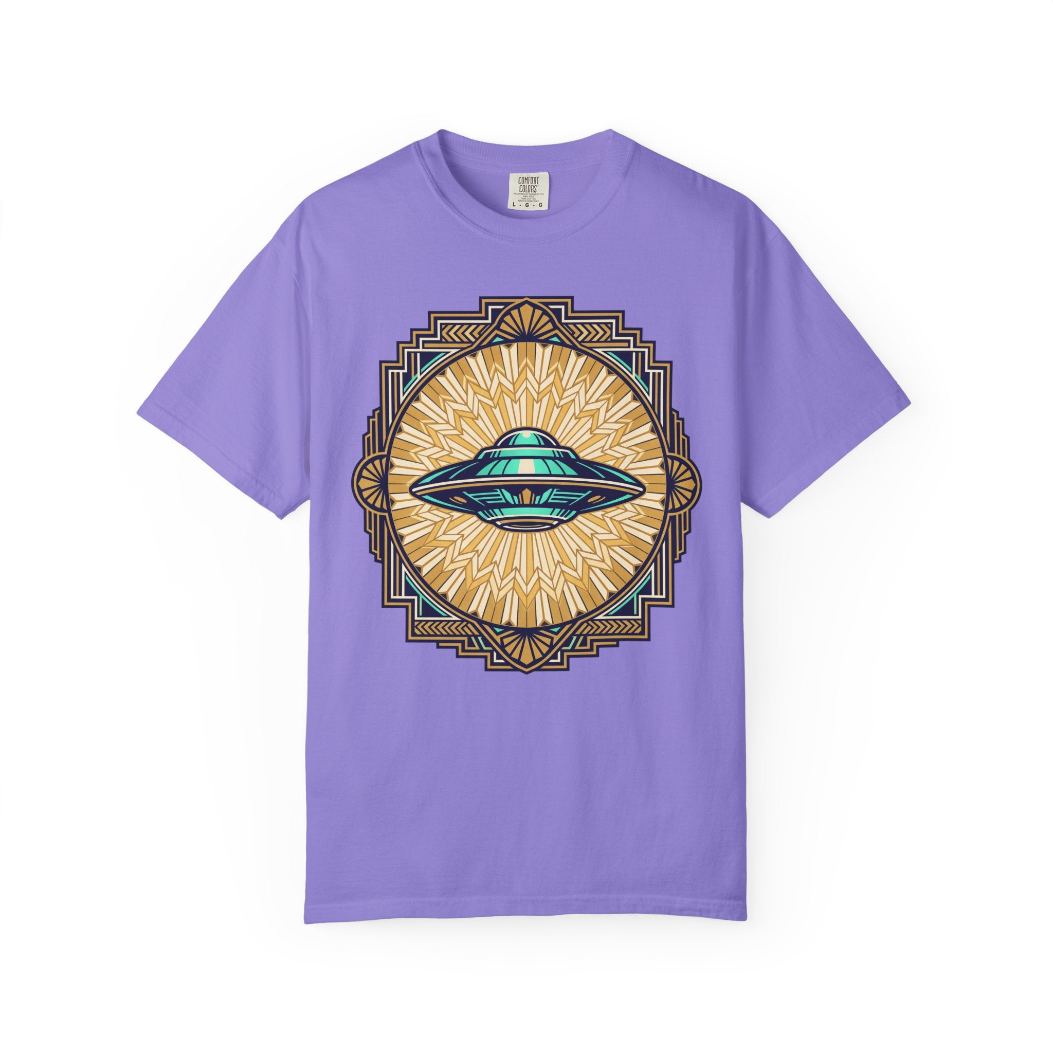 Purple t-shirt with retro flying saucer sunburst graphic