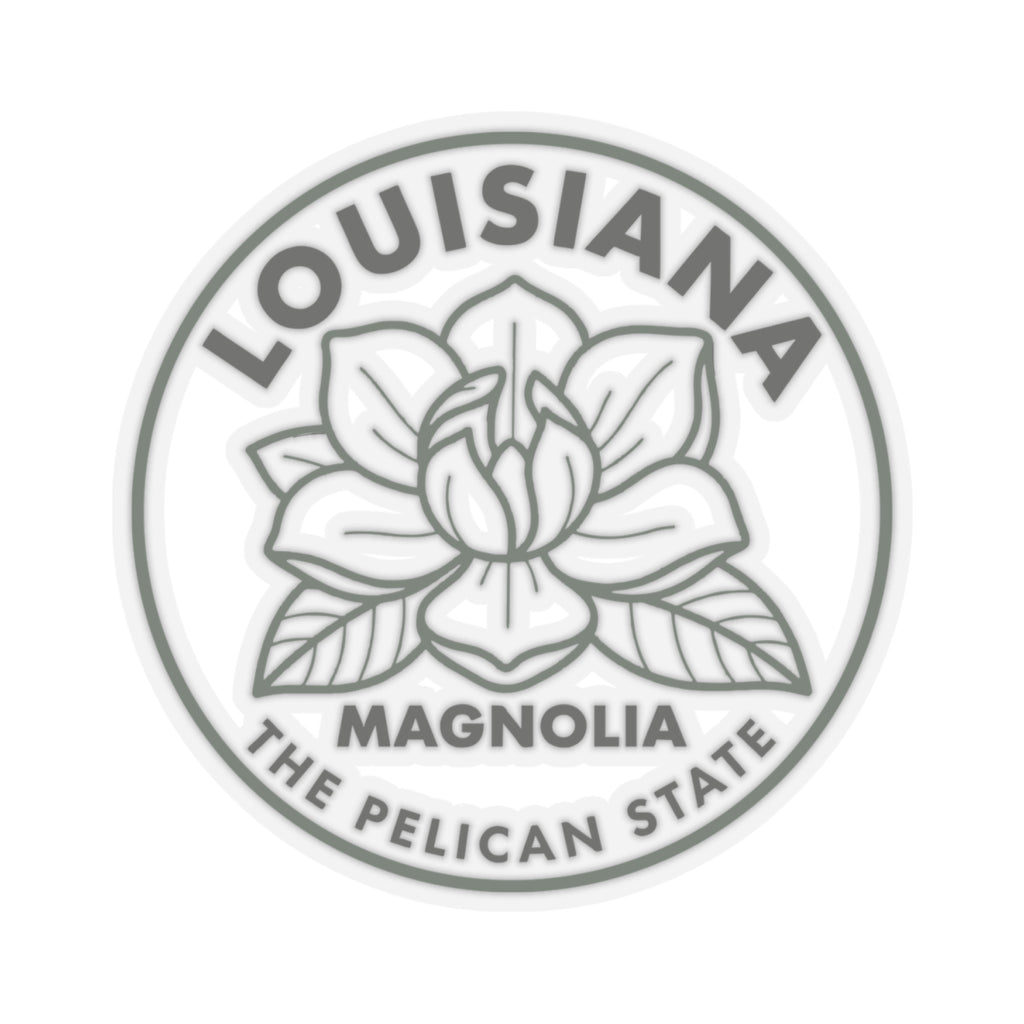 Transparent vinyl round sticker featuring gray magnolia petals and Louisiana “the pelican state”