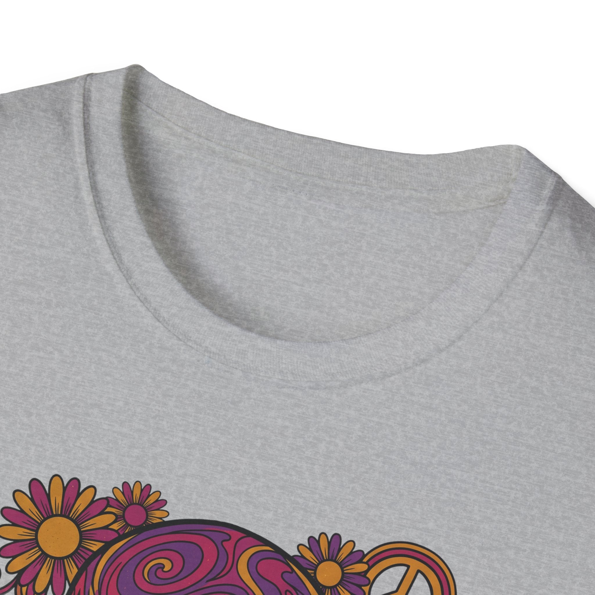 Grey crewneck with partial skull flower graphic near neckline