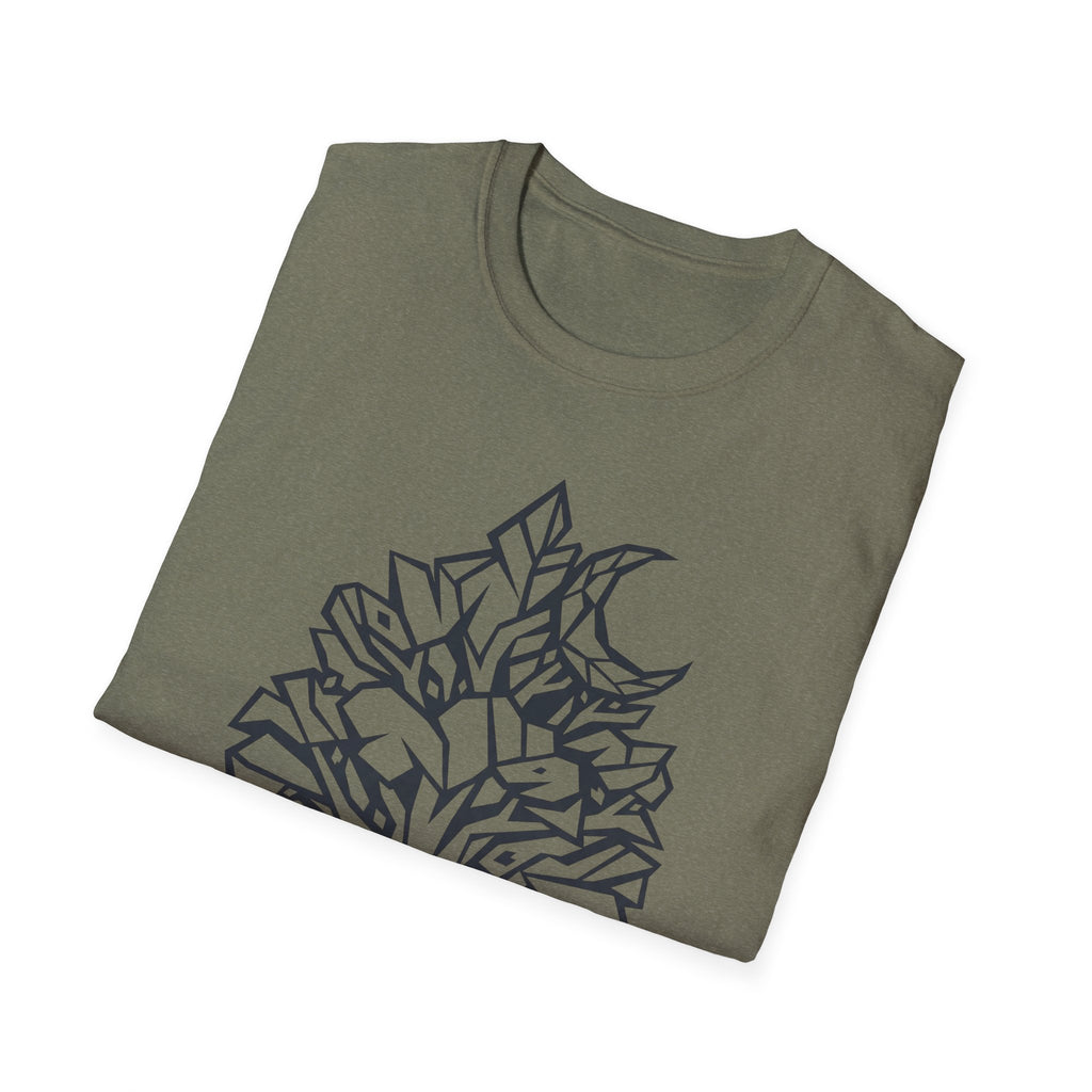 Heather Military Green T-shirt with geometric botanical tree moon line-art graphic