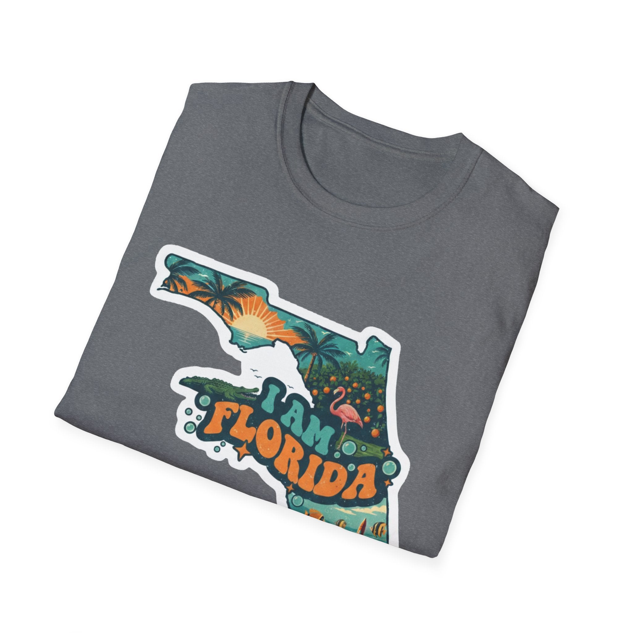 Camiseta gris con mapa de Florida tropical y texto “Florida”