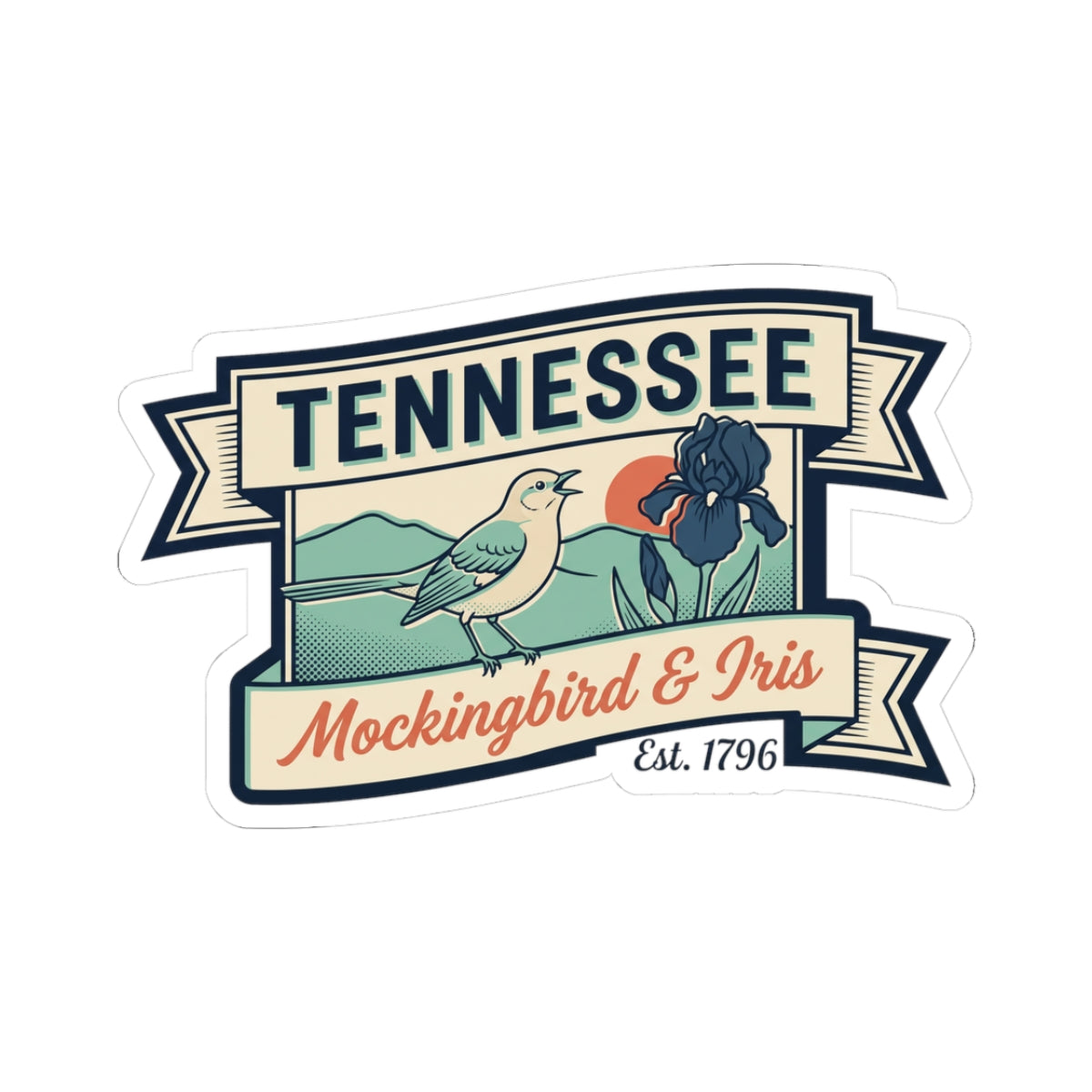 Tennessee souvenir vinyl sticker with mockingbird, iris flowers, and ribbon banner