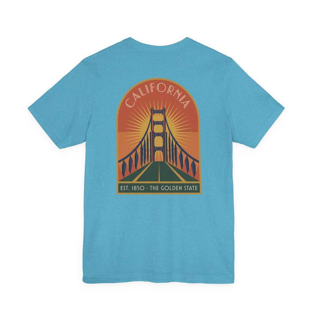 Blue T-shirt with California Golden Gate Bridge sunset graphic on chest