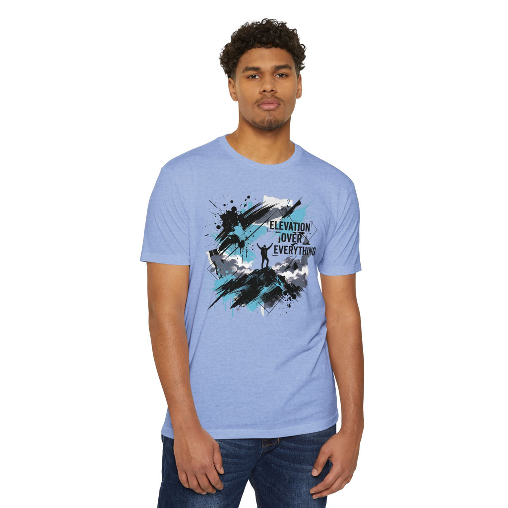 Light blue crewneck graphic T-shirt with ink mountain-style print on chest