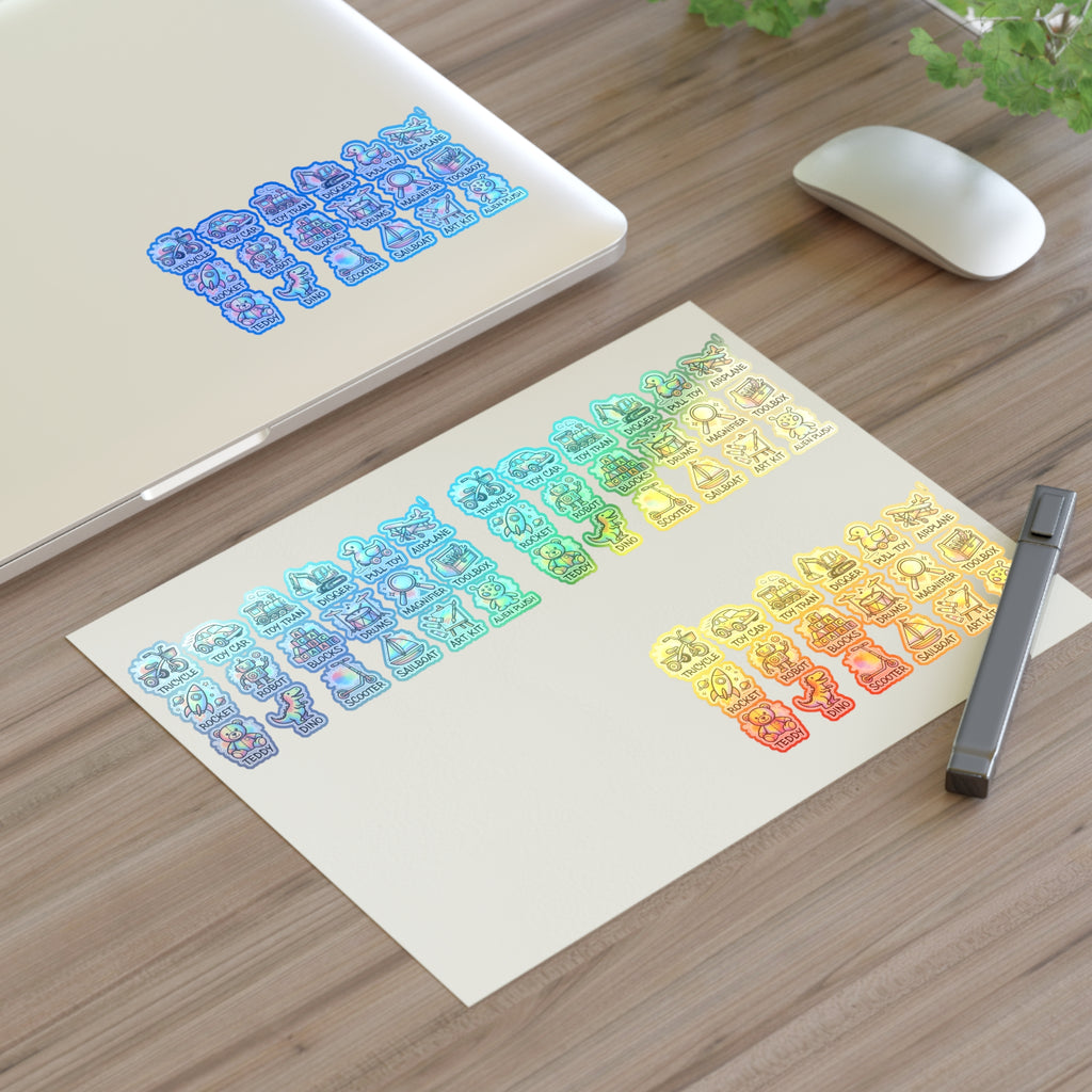 Toy icon sticker sheet with blue and rainbow colored designs for playroom labeling