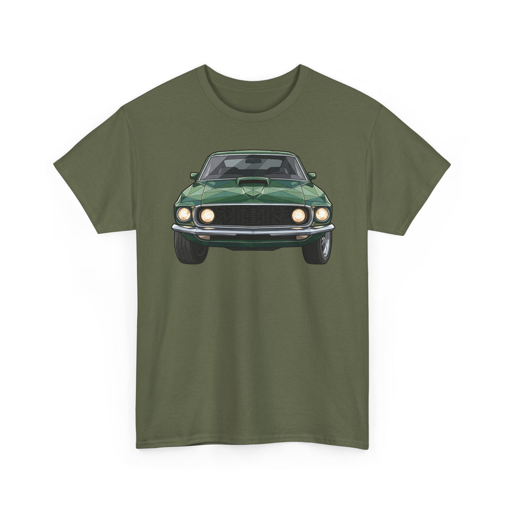 Dark green T-shirt with front vintage muscle car graphic