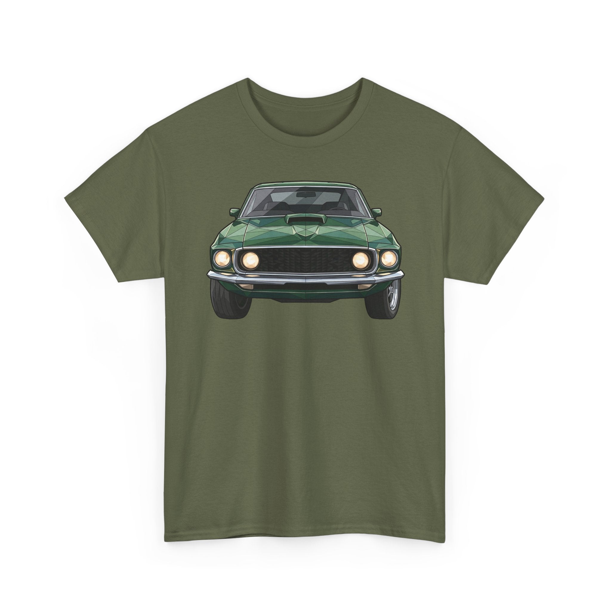 Dark green T-shirt with front vintage muscle car graphic