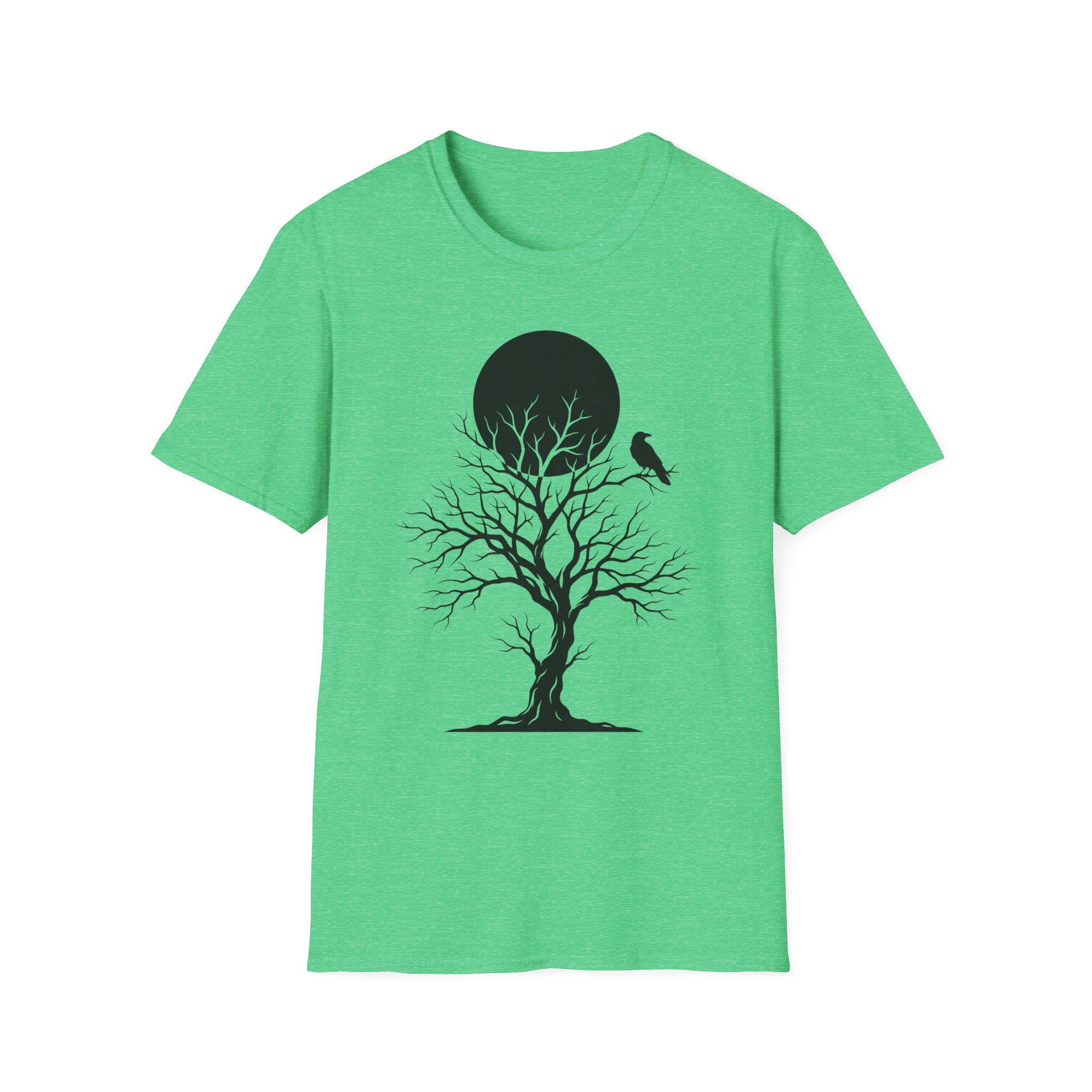 Kelly green Raven Moon T-shirt with black tree silhouette and perched bird under moon