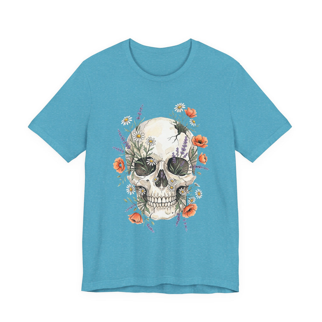 Heather aqua floral skull T-shirt with poppies and wildflowers botanical graphic front