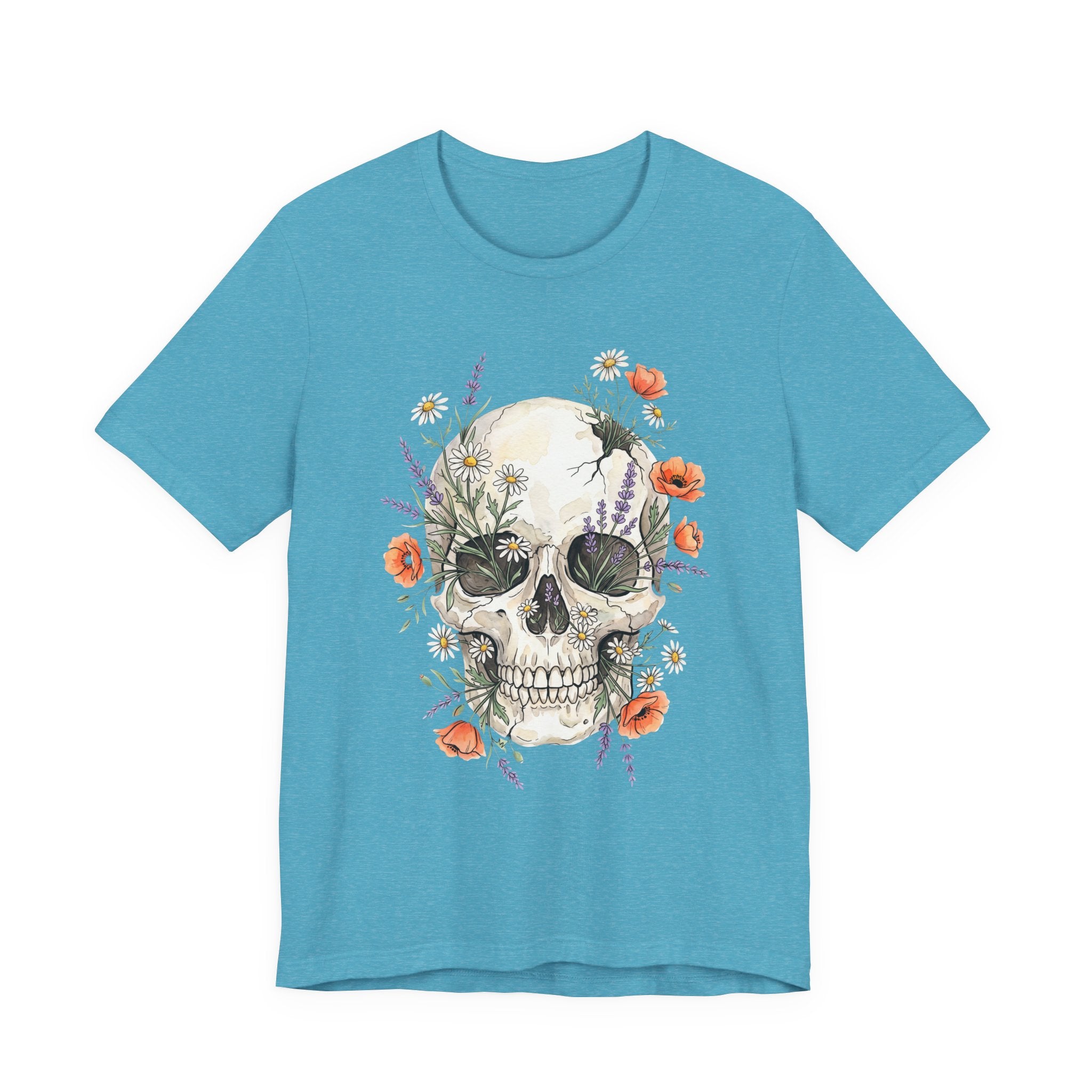 Heather aqua floral skull T-shirt with poppies and wildflowers botanical graphic front