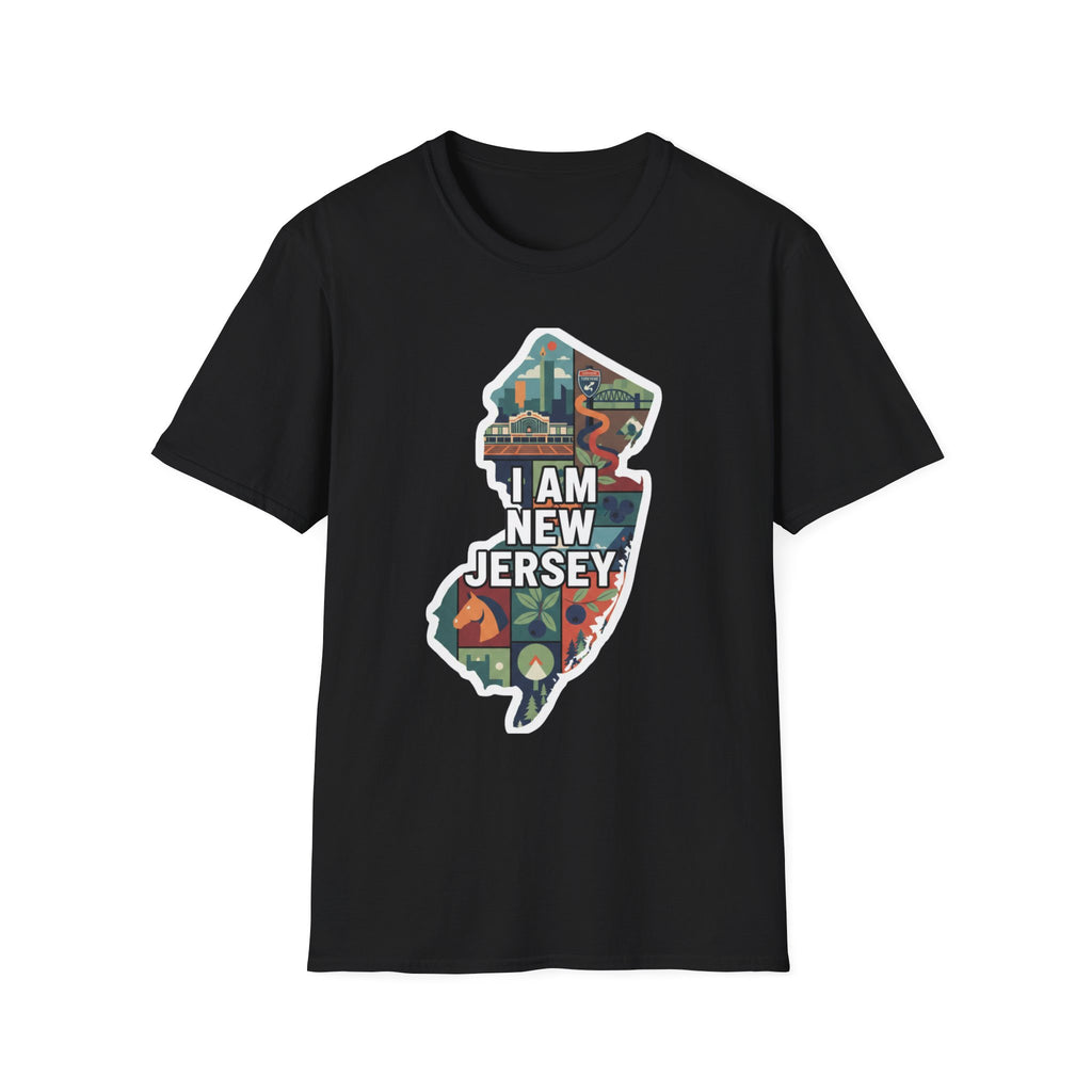 Black New Jersey map graphic T-shirt with multicolor "I AM NEW JERSEY" design