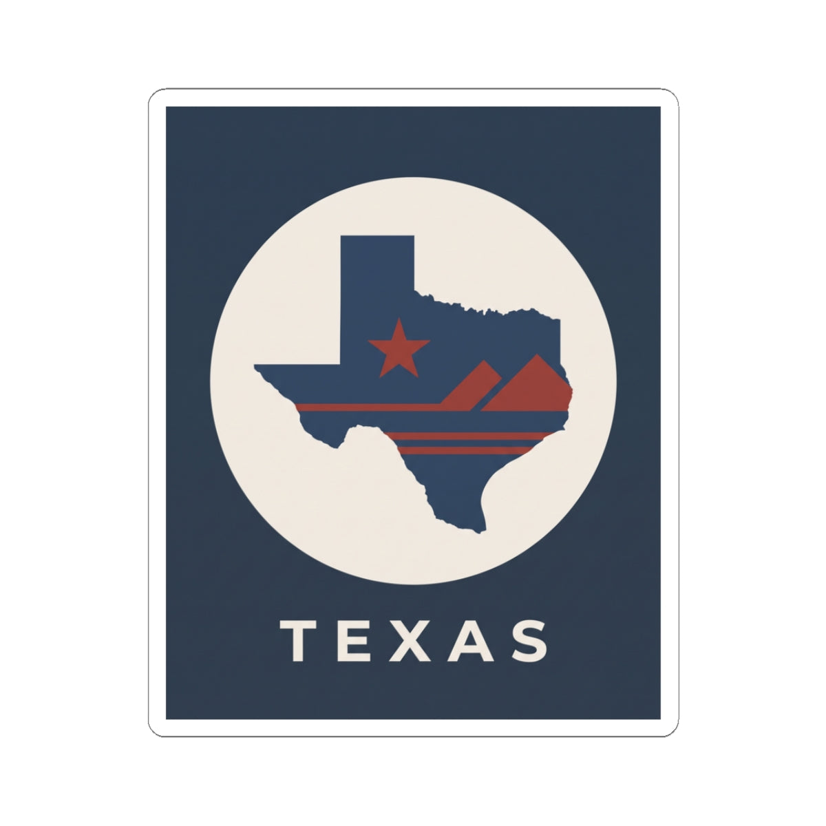 Texas map retro badge sticker with star and “TEXAS” text in navy and red